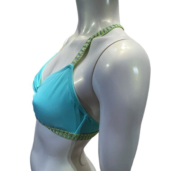 Victoria's Secret Teal Bikini Top Large Crochet Trim Racerback Turquoise Y-Back - Picture 2 of 11